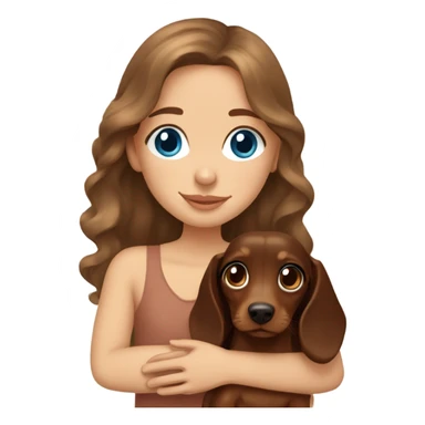 Brown long wavy hair blue eyes girl cuddling a small brown dachshund sticker