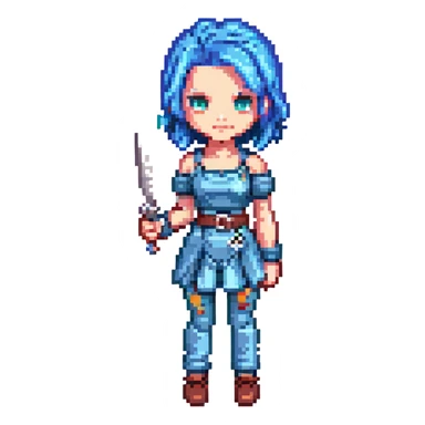 Gwen from League of Legends pixel art style, blue hair, holding scissors, simplified costume, game sprite look sticker