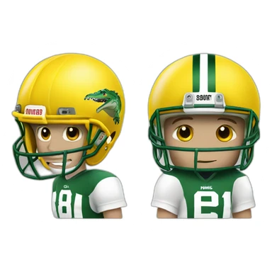 White Boy in football gear and a yellow helmet with a crocodile on it sticker