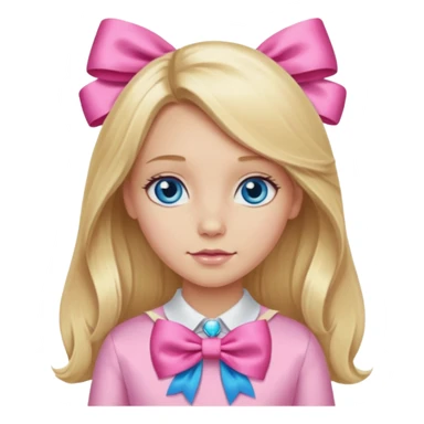 blonde girl long hair middle part, blue eyes,at with a bow sticker