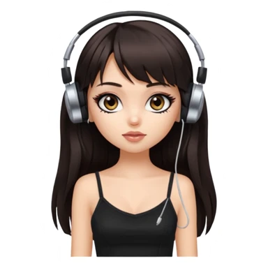 generate a pretty bratz girl in black cami top, dark brown straight long hair with bangs, eyeliner on, listeninh to music sticker