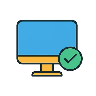 minimal style desktop monitor with a green check mark at the bottom right sticker