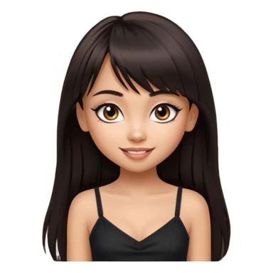 generate a pretty bratz girl in black cami top, dark brown straight long hair with bangs, eyeliner on. dark brown eyes sticker