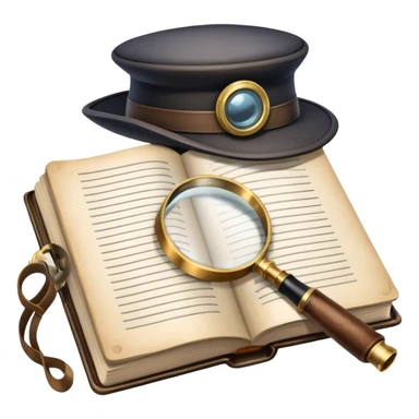 Icon for Detective Reading: an open book with a magnifying glass, a detective’s hat, and a notebook with clues, surrounded by dark shadows and mysterious elements like footprints and a smoking pipe. Transparent background. sticker
