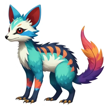 Rare realistic exotic edgy epic pretty beautiful handsome gorgeous aesthetic colorful vibrant Vernid-Trico-species-Fakemon-creature by LiLaiRa, 4 legs, 1 tail, random markings, (full body) sticker