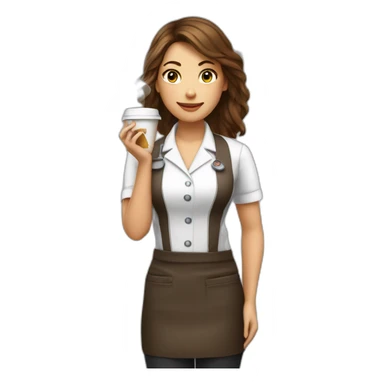 Female barista wear uniform and stand near coffee shop with cup of coffee and a cigarette sticker