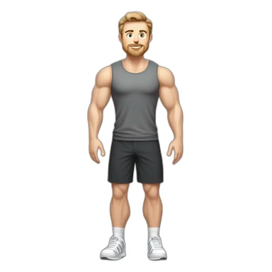 Full height Pale skinned muscular man With Realistic eyes and mouth, light brown hair and stubble In dark gray sleeveless mike, black oversize sports shorts, watch and white sneakers. sticker
