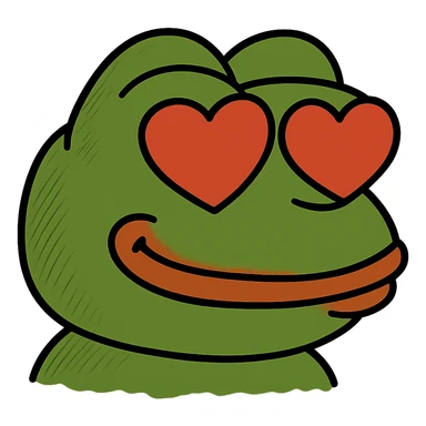 Pepe the Frog meme style with heart eyes, remove background, keep transparent sticker