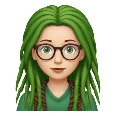 A white Girl with glasses,Brown long hair, grenn dredd sticker