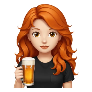 Girl with dark long orange wavy hair and black t-shirt with beer on hand sticker