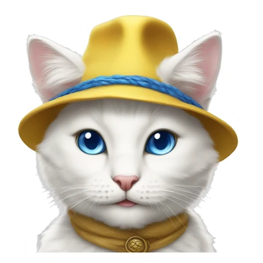White Cat ,chasseur ,smile ,blue eyes ,anthro , yellow feather hat sticker