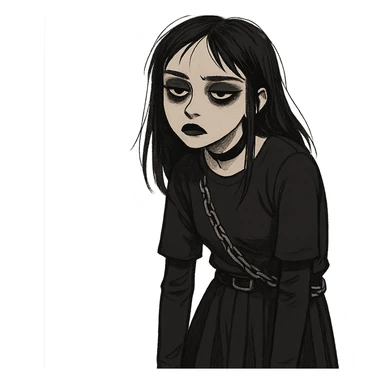 goth girl with an apathetic expression, dark clothes, black lipstick, heavy eyeliner, slouched posture, cannot be bothered sticker