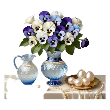 A carefully arranged still life featuring a crystal vase filled with an enchanting mix of soft blue and creamy white pansies, their petals unfolding like miniature works of art. A string of pearls is casually draped beside the vase, reflecting a subtle iridescence under candlelight. The backdrop is a hand-painted silk fabric in gentle shades of pearl and ivory, its smooth texture enhancing the refined beauty of the floral display sticker