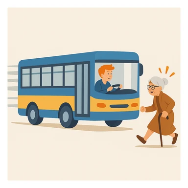 old lady should run to reach the bus, the driver is man under 30 with orange hair sticker