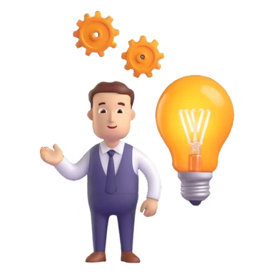 3D emoji style illustration of refined innovation, featuring a polished lightbulb, smoothly turning gears, and a person thoughtfully improving a creative idea sticker