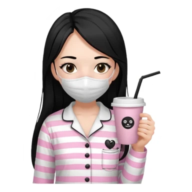 chica de pelo lacio color negro cabellera larga piyama blanca con rayas rosa claras peo no tan claras no oscuras el bordado es negro al igual que los botones )tiene una mascarilla para la carablanca y sostiene y cafe con bolitas nedras al dondo con unsorbete tranparente y es de test blanca  sticker