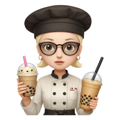 A Angry Teen Female with Pale skin and Bald, wearing a Uniform outfit, a Chef hat, Sunglasses, carrying a Wand, working as a scientist, while drinking Bubble tea and reading a Book.
 sticker
