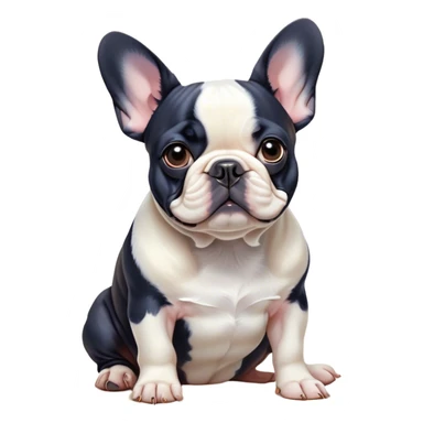 Cinematic Noble Pied French Bulldog Portrait Emoji, Radiating regal yet playful charm, with a distinctive pied fur of contrasting hues and a sculpted, expressive face featuring gentle, wise eyes and a confident stance, simplified yet artistically detailed, glowing with a soft, sophisticated radiance, high shine, exuding intelligent nobility and refined flair, soft glowing outline, capturing the essence of a noble Pied French Bulldog that embodies both strength and grace! sticker