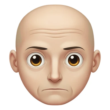 Steven Miller, bald, very grim expression, very narrow face, pronounced sagging eyelids lower on outer sides, bottom lip sticking out sticker