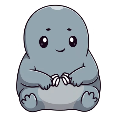 Zhdun (The One Who Waits), a cute gray blob-like creature with wrinkled skin, no neck, tiny hands resting on lap, patiently waiting sticker