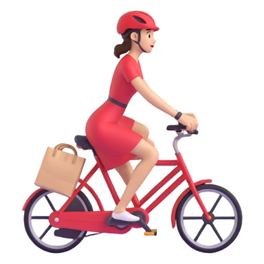 person in a bright red dress cycling quickly, holding a delivery bag, simple and bold sticker