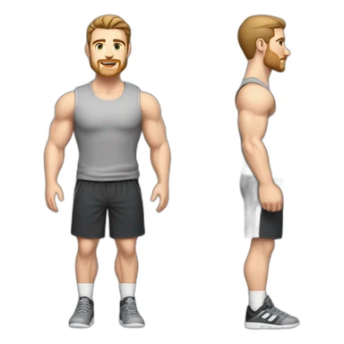Full height Pale skinned fit man With biceps, Realistic eyes and mouth, light brown hair and stubble In dark gray sleeveless mike, black oversize sports shorts, watch and white sneakers. sticker