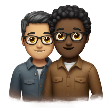 Two men hugging, one white with black hair, one brown with hlasses sticker