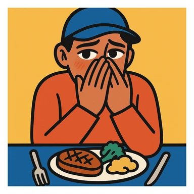 a person hiding their sadness and struggling with an eating disorder, subtle facial expression, hands partially covering face, untouched food on the table, expressive eyes, modern illustration style sticker