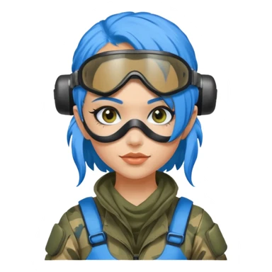 blue curly haired paintball playergirl with huge earrings, wearing paintball eye mask helmet sticker
