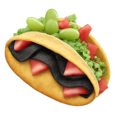 a taco, stuff it with a fish and a slice of watermelon. Sprinkle it with donut crumbs and wrap it in crispy bacon. For garnish, add some grapes and a pinch of squid ink. sticker