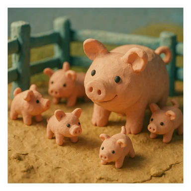 claymation style pig in a pig pen with several piglets, playful, pastel colors, visible fingerprints, textured look sticker