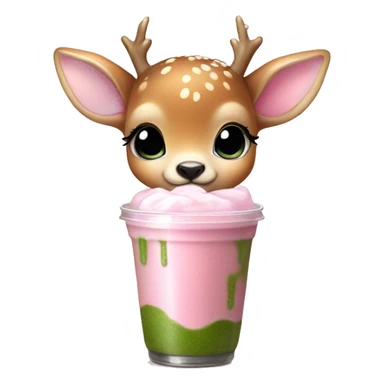 baby deer with fairy wings and a pink bow around its neck drinking iced matcha latte  sticker