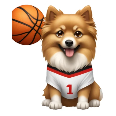 Light brown and white German spitz wearing a basketball jersey with a number one on it sticker
