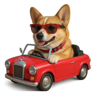 Make this corgi driving a car 30% more realistic, but keep it playful and cute, with a transparent background. Maintain the playful and cute style while enhancing realism moderately. sticker