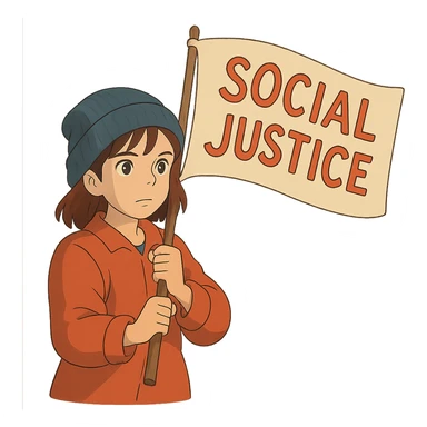 ghibli style girl with blue beanie holding a protest flag for social justice sticker