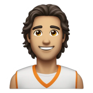 He has an athletic presence and a charming smile that lights up his face. He is tall, with shoulder-length dark hair, small brown eyes with a small nose, and a large mouth. sticker