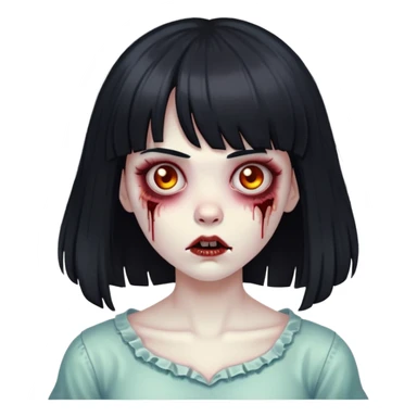Zombie girl with big black hair and a bangs sticker