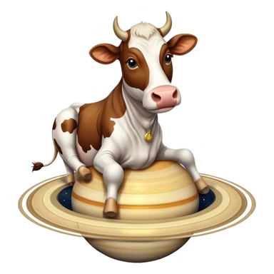 A cow with its head attached to planet Saturn as its body, with Saturn's rings around the middle, and giant realistic human feet at the bottom sticker