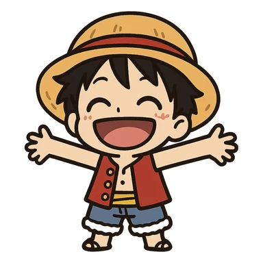 tiny Luffy, straw hat, open arms, joyful expression, simplified features, chibi style, cute character sticker