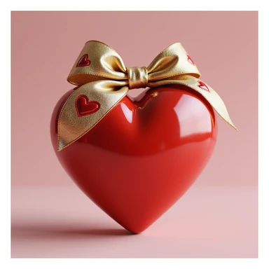 realistic heart with a gold bow decorated with heart pattern on the bow, photorealistic style sticker