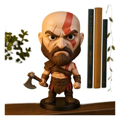 Kratos as a bobblehead with a wobbly head and angry expression sticker