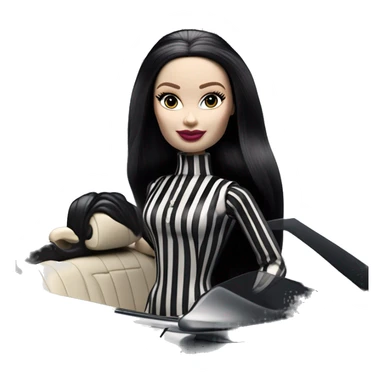 Darth Vader Barbie, 1910 teen Morticia Addams from academy, in dark-gray and black striped outfit. Smiling Driving Mercedes convertible sports car. Pale-white porcelain skin.  sticker