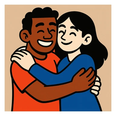 brown-skinned man and white-skinned woman with black hair hugging, cartoon style, neutral background sticker