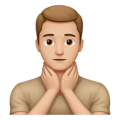 man with hands cross holding up to neck sticker