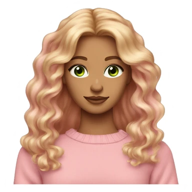 Dark blonde red hair girl tan skin pink sweater pink makeup green eyes gold earrings pink nails wavy long hair sticker
