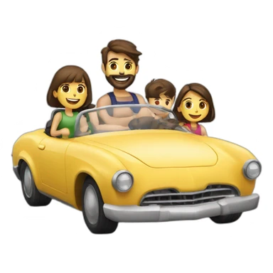 Brunette-bearded man-and-brunette-girl along with 2 boys -roadster-car made of food -driving sticker