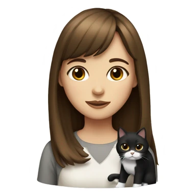 A brown haired girl with bangs with a black and white cat  sticker