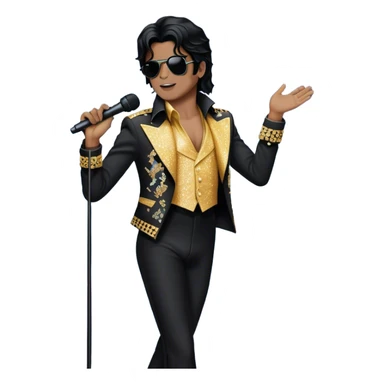 Create a dynamic and stylish emoji representing pop vocal performance with a vintage stage microphone as the central element, surrounded by iconic elements of Michael Jackson’s stage presence. Include a silhouette of his famous glittering jacket or sequined gloves, paired with the microphone to evoke his unique style. Add dramatic musical notes swirling around the microphone and jacket to symbolize the energy and showmanship of pop vocals. Use bold colors like gold, black, silver, and white to reflect the glamour and electrifying performance of a pop legend. The background should be transparent. sticker