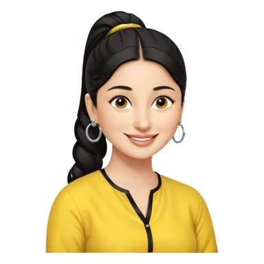 generate a pretty bratz emoji that looks like Kareena Kapoor's Geet character. 
Make her wear a yellow kurti, silver hoops, black hair in a ponytail. smiling big

She should look like Kareena Kapoor sticker