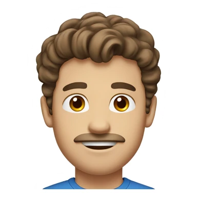 College guy with brown hair, hazel eyes, mustache, blue shirt sticker